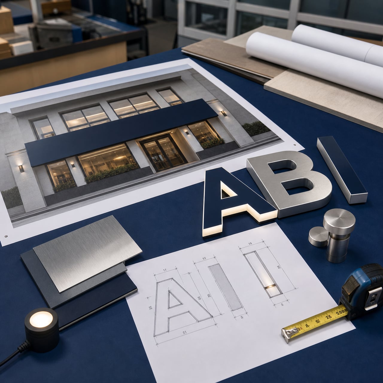 3D signboard planning materials with an elevation, letter samples, lighting, and mounting details
