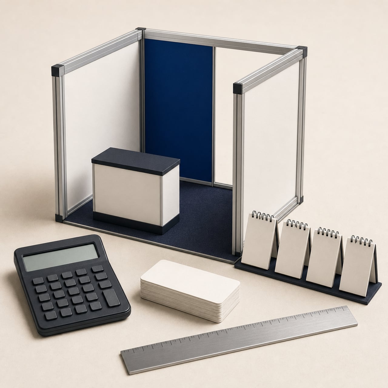 Exhibition budget planning materials with a scale model, calculator, and schedule cards