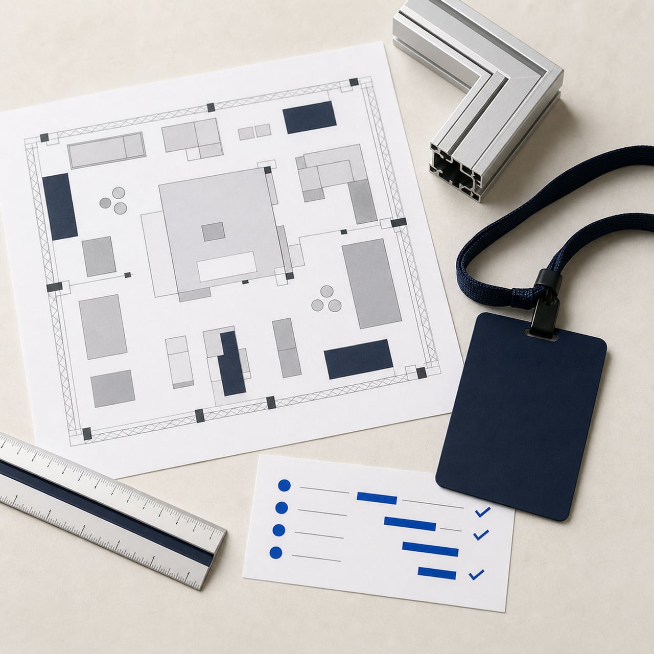 Exhibition planning materials with a floor plan, modular frame samples, badge, and measuring scale