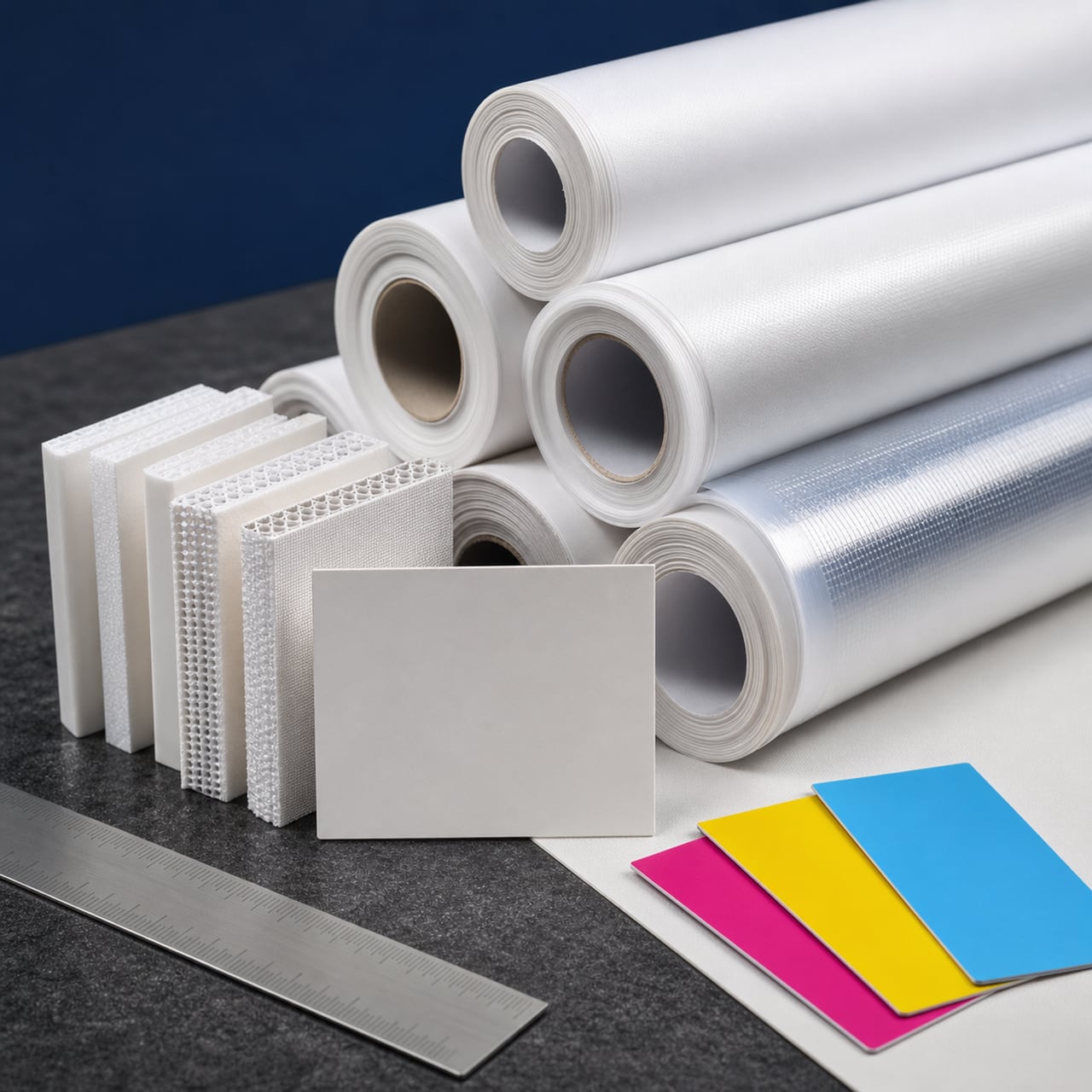 Rolled flex printing materials with thickness samples and restrained colour swatches