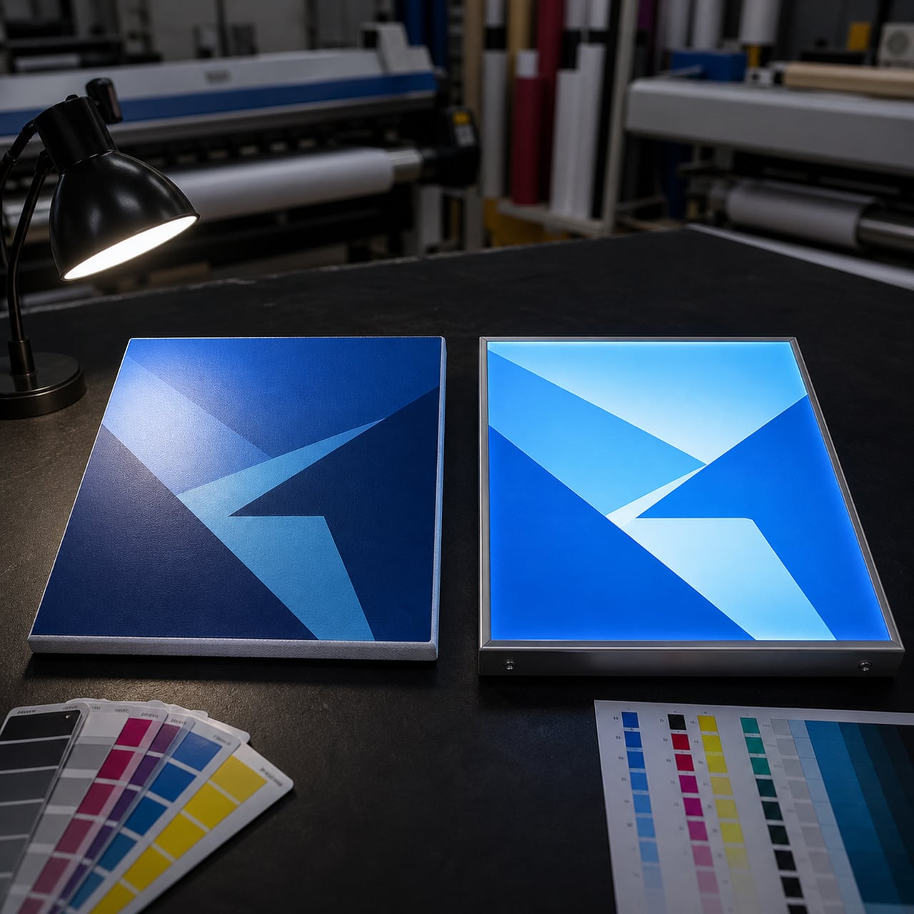 Front-lit and backlit flex sign samples compared under reflected and transmitted light