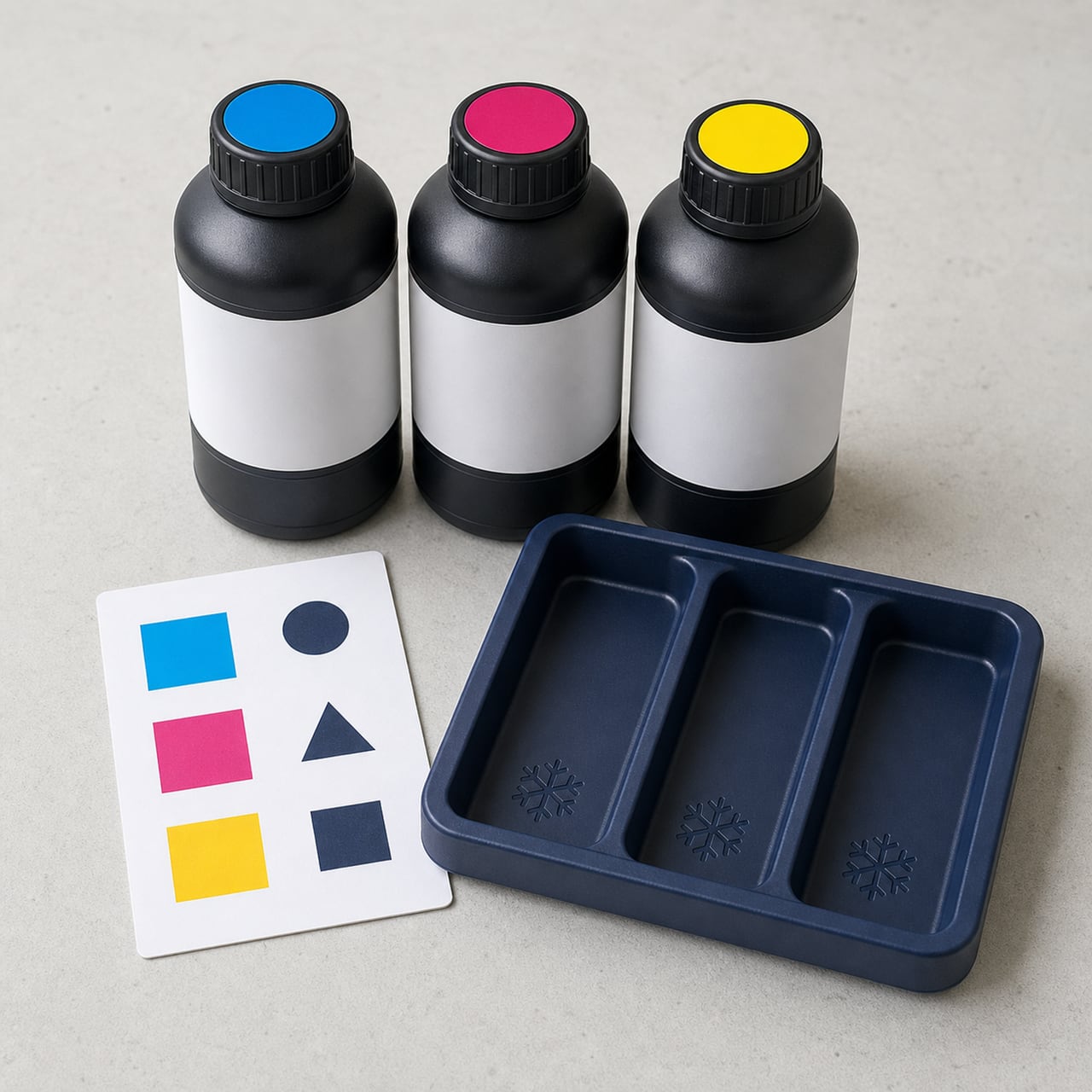 Unbranded printing ink bottles with a compatibility swatch card and storage tray