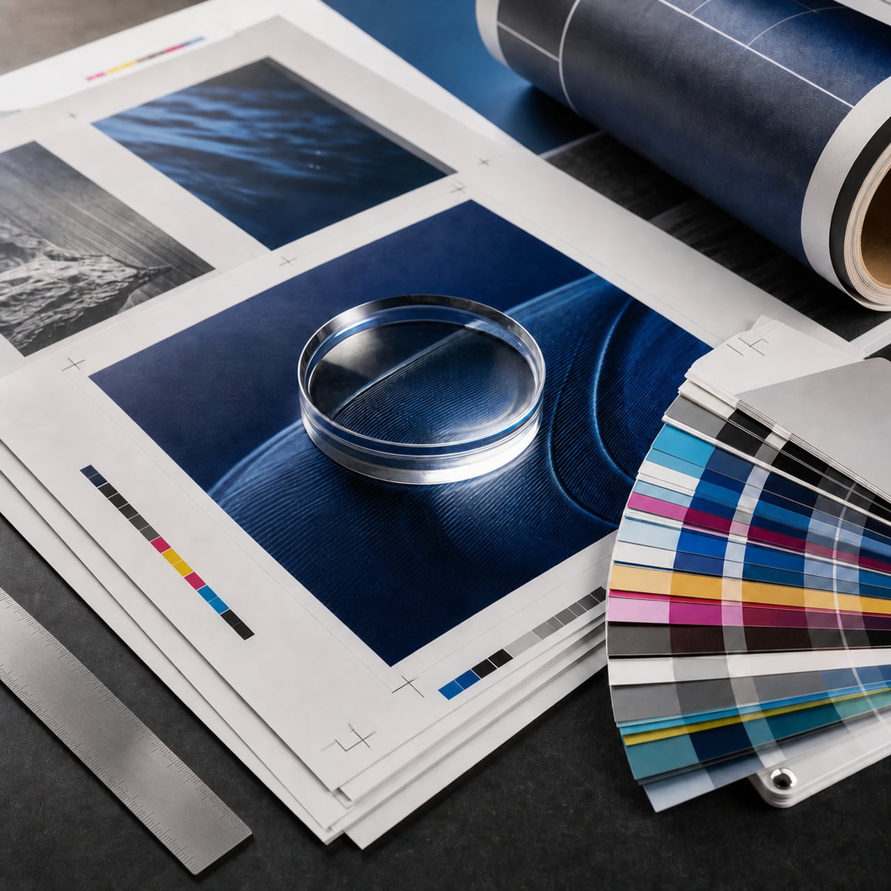 Large-format print artwork preparation with colour swatches, crop marks, and a calibrated proof