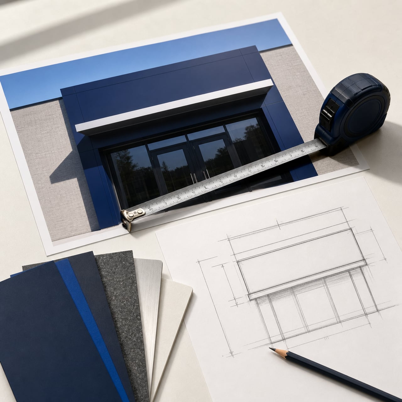 Signage planning materials with an elevation, measuring tape, dimension sketch, and material swatches