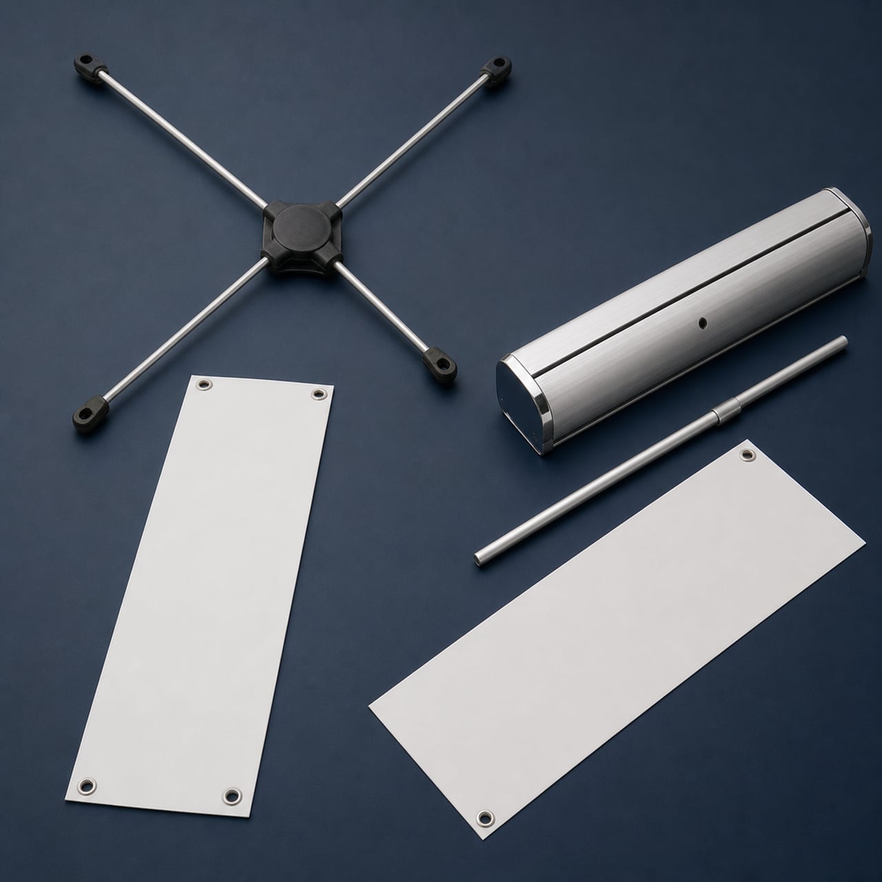 X-banner and roll-up stand hardware samples arranged for format selection