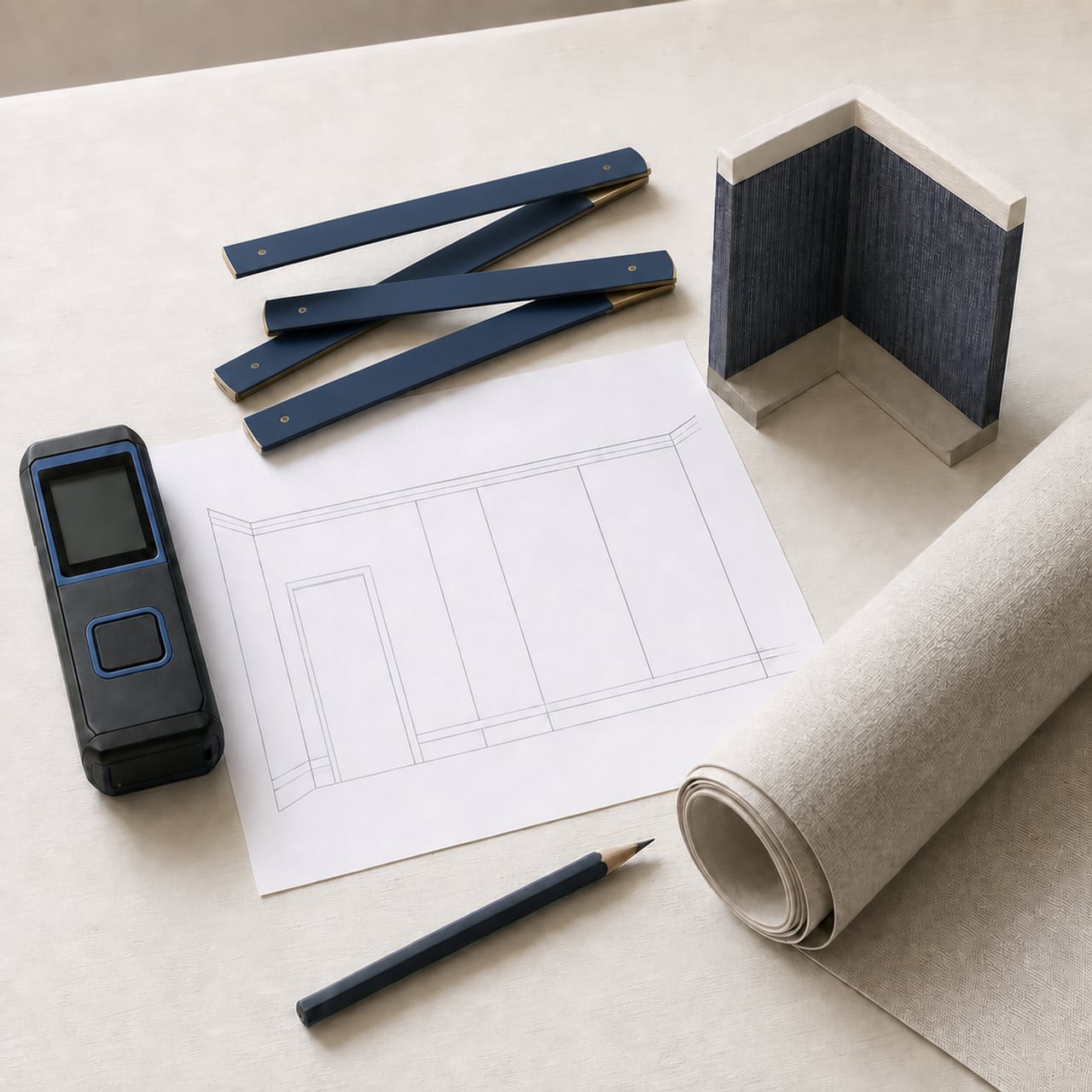 Wallpaper measuring tools with a wall elevation and material sample