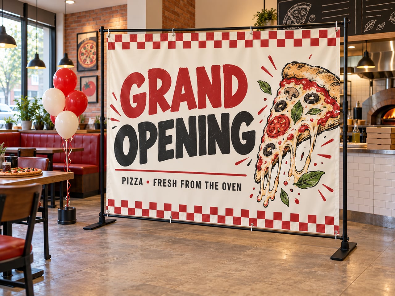 Pizza-shop opening with a custom printed banner on a black flat-foot backdrop stand