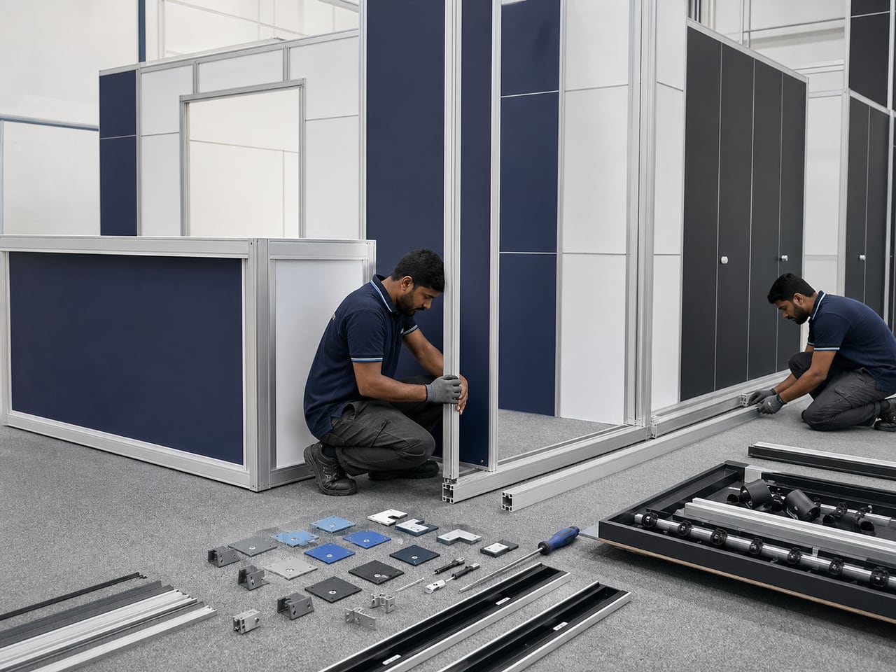 Technicians assembling a modular exhibition structure in a bright event hall