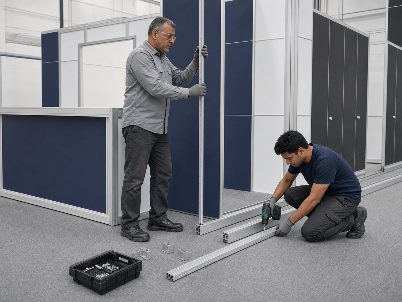 Two visibly different installers assembling a modular exhibition structure in a bright event hall