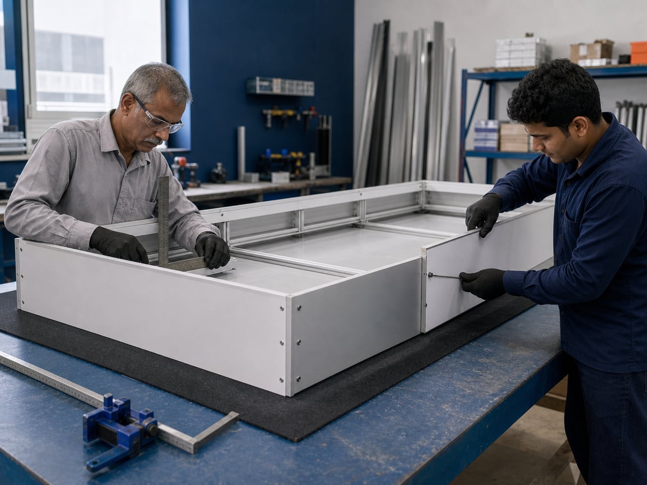 Two visibly different fabricators assembling a backlit flex sign frame on a workshop bench