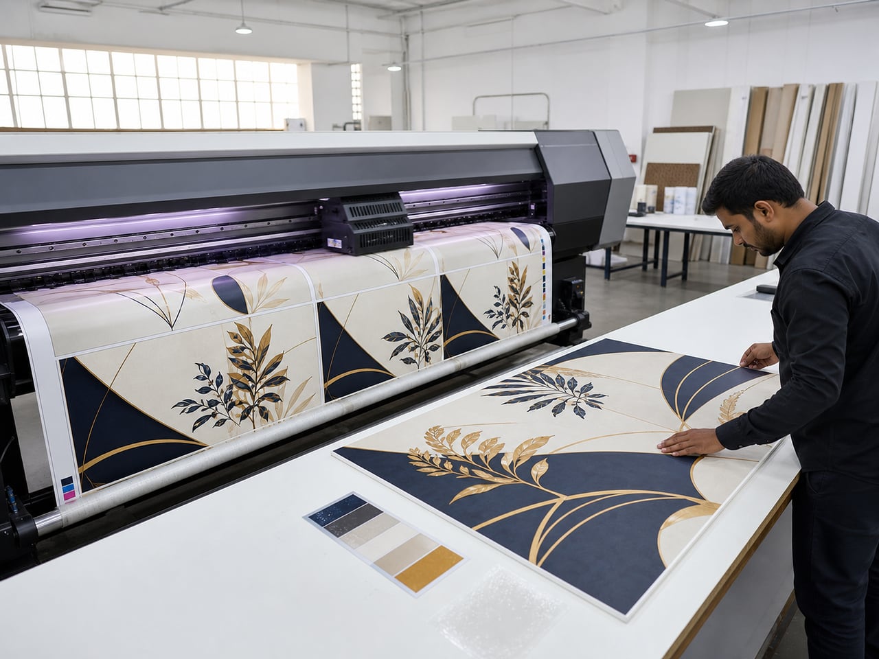 A large-format printer producing an abstract modular wedding dance-floor graphic