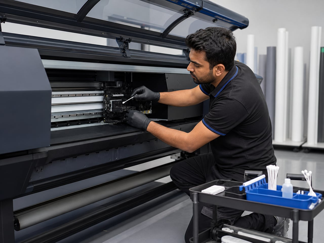 A technician cleaning the capping and media-path areas of a powered-down large-format printer