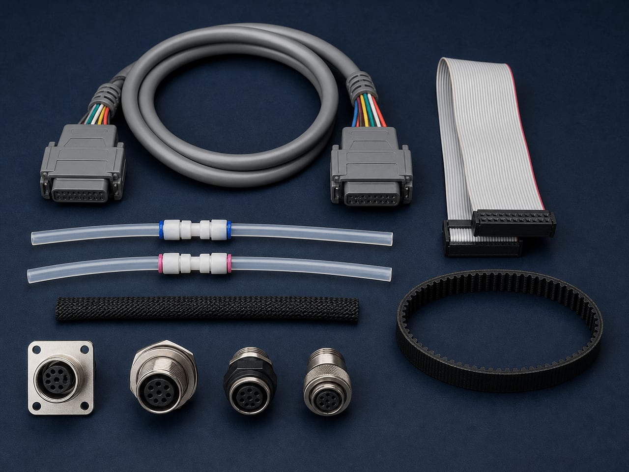 Organized printer cables, tubing, connectors, and fluid-handling parts