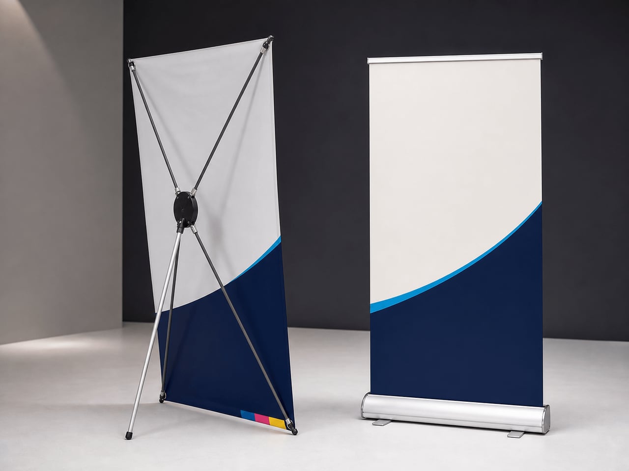 An X-banner stand and retractable display stand in a clean exhibition setting