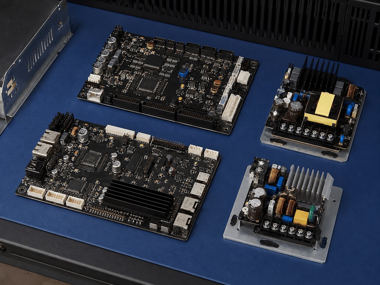 Industrial printer control boards and ribbon cables arranged on an anti-static work mat
