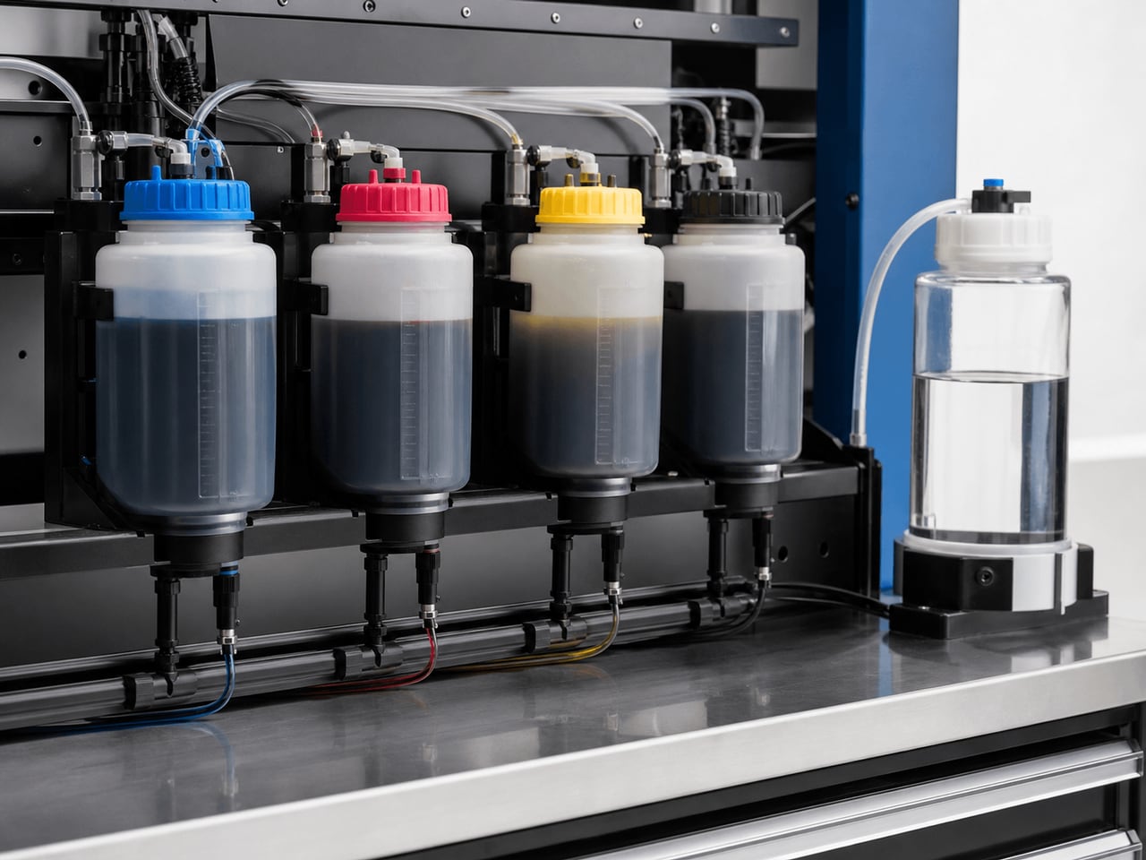 Unbranded cyan, magenta, yellow, and black fluid reservoirs with neatly routed ink tubing
