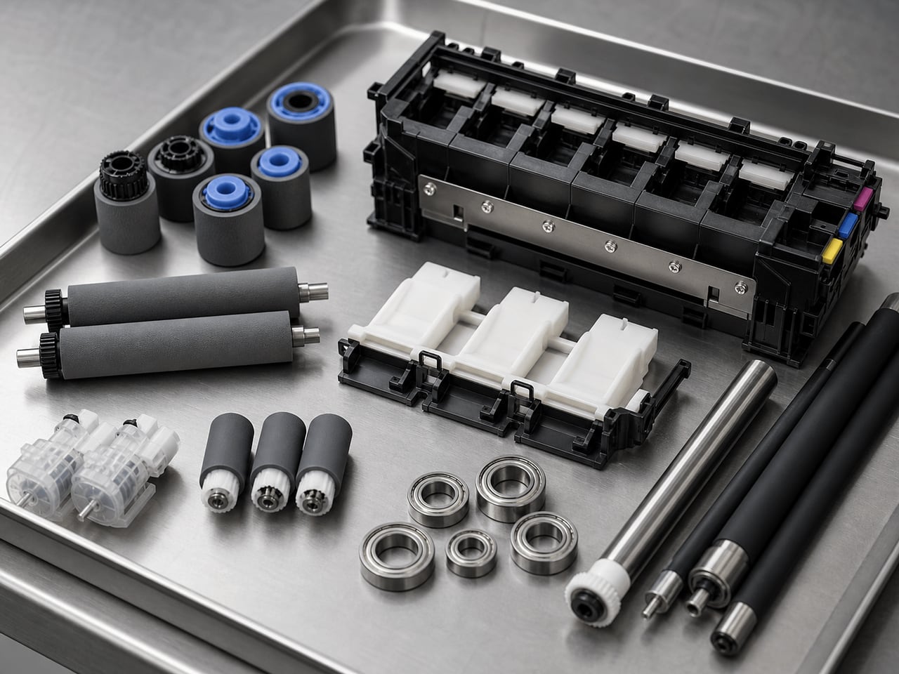 Generic printer media-handling and maintenance assemblies on a clean technical bench