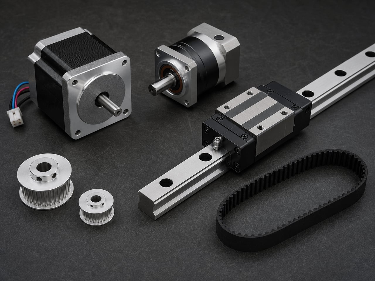 A precision arrangement of motors, gearheads, belts, and linear motion components