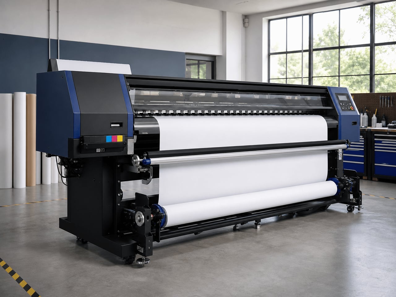 An unbranded wide-format printer in a clean professional showroom