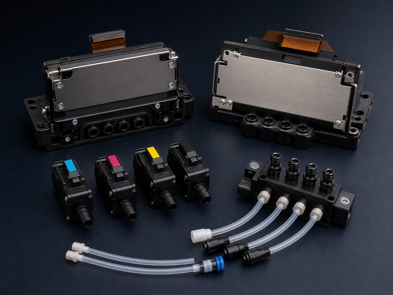 Generic large-format printer head and ink-system components arranged on an ESD bench