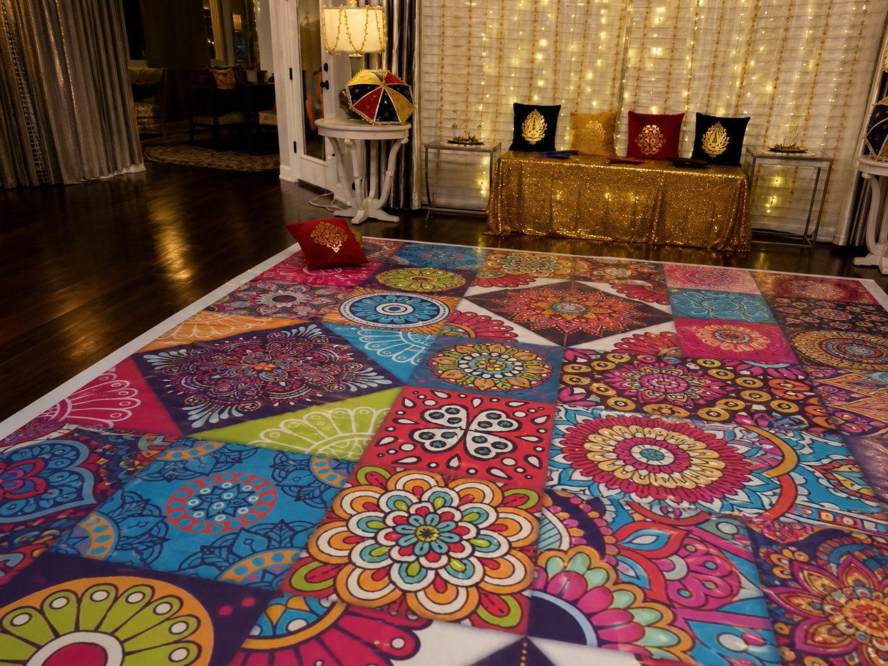 Printed decorative dance-floor material in a wedding setting