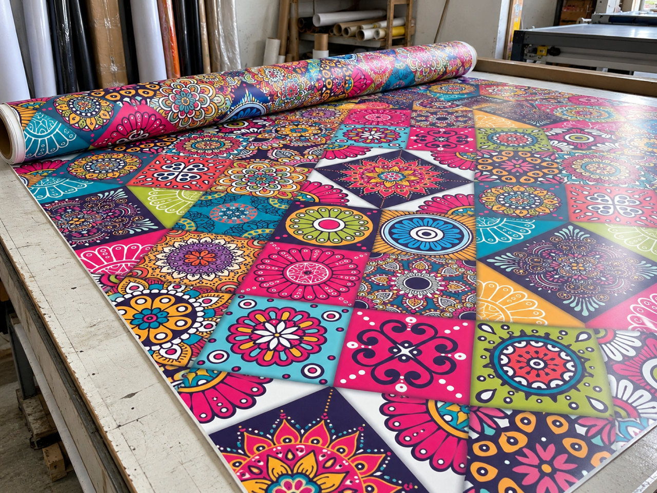 Patchwork ornamental dance-floor print on a workshop finishing table
