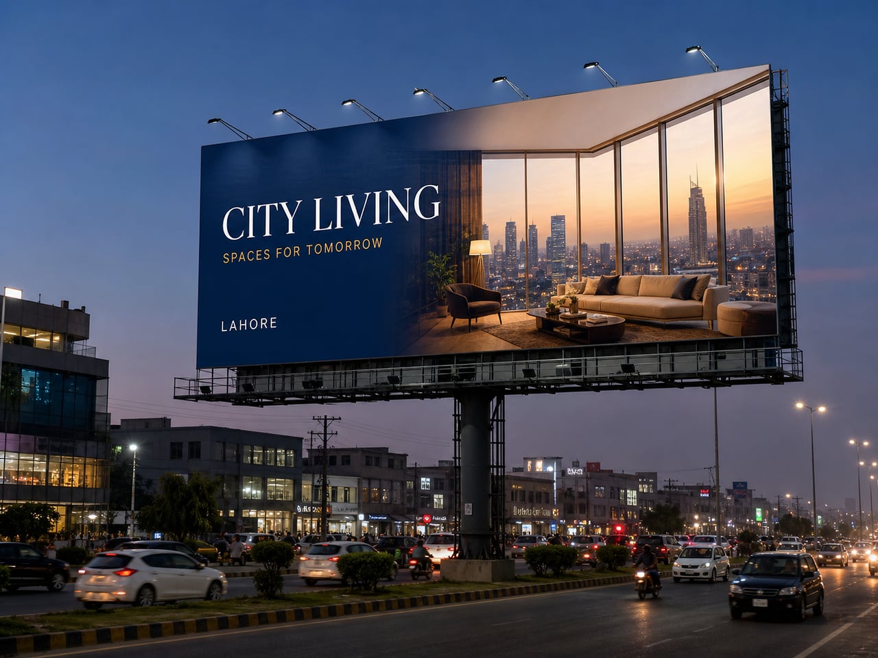 A very large printed City Living flex billboard illuminated above a Lahore commercial road