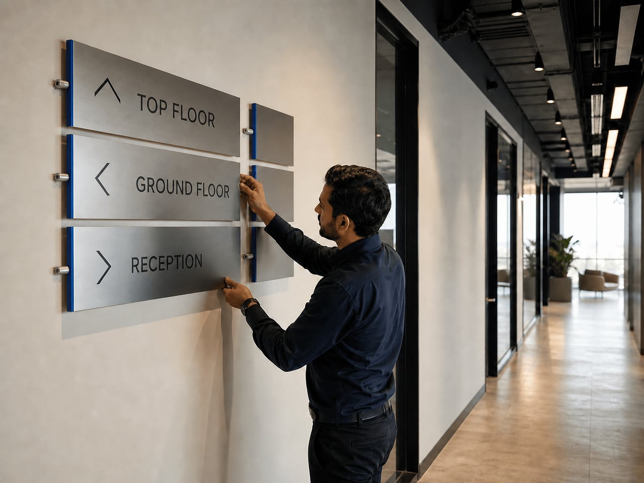A technician aligning clearly labelled top-floor, ground-floor, and reception wayfinding panels
