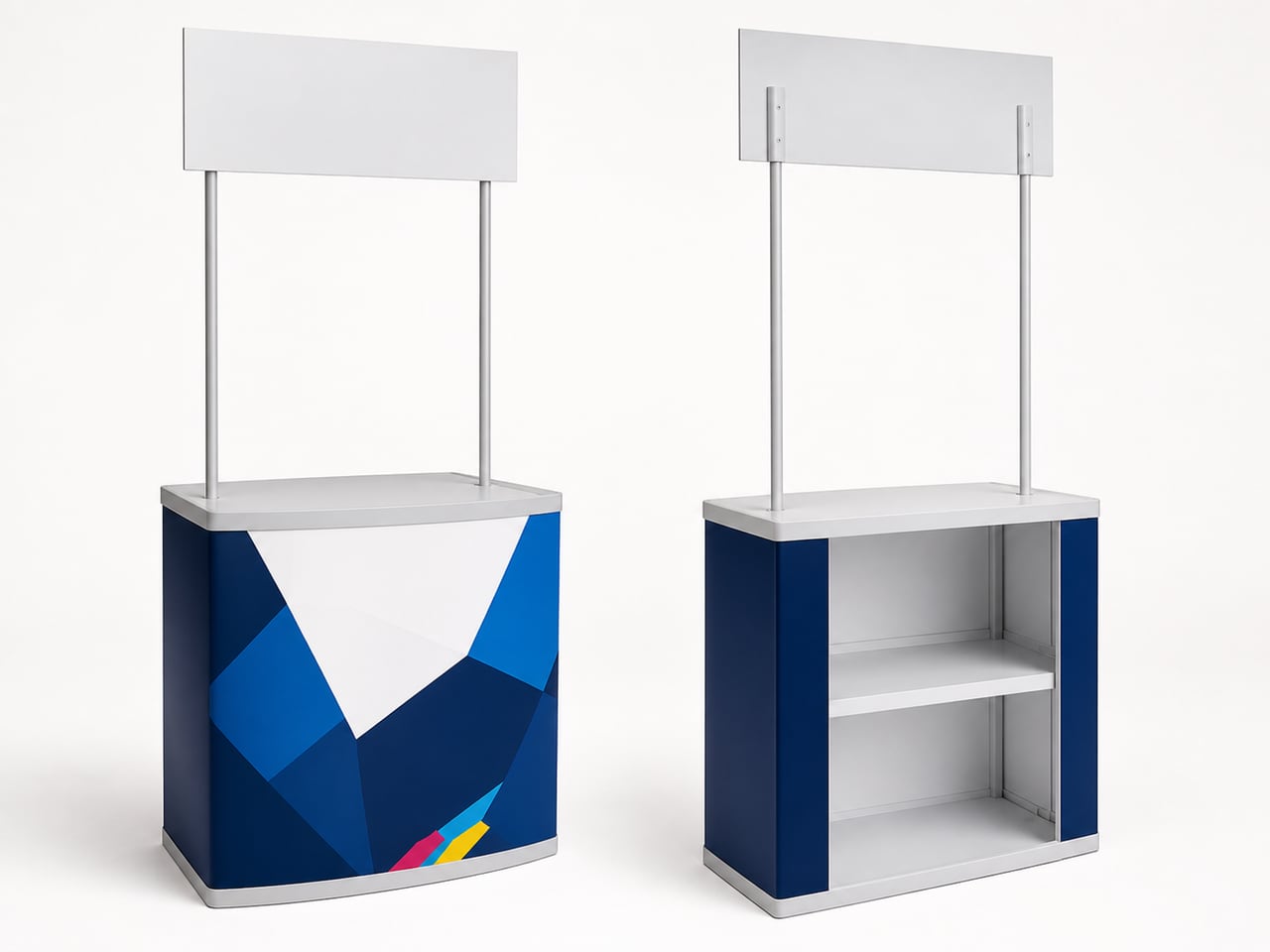 Front and rear studio views of a portable promotional counter with header panel and internal storage